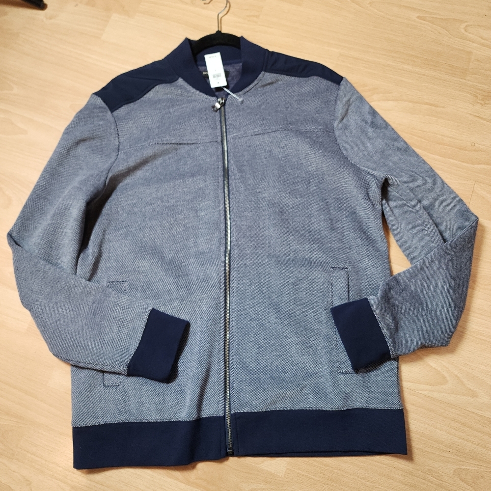 NWT Banana Republic Blue Mixed Media Pique Bomber Jacket Zip Cardigan Size L